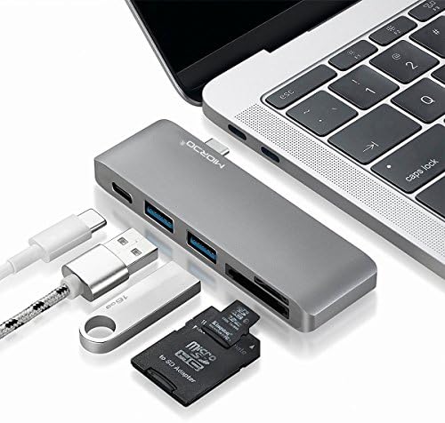 USB C 3.1 Hub Adapter, MIORDO 5 in 1 Multiport Type-C Adapter with USB-C Charging Port, 2 USB 3.0 Ports, SD/Micro SD Card Reader for 12" Macbook Pro 2016 13" 15", All USB-C Devices, Space Grey