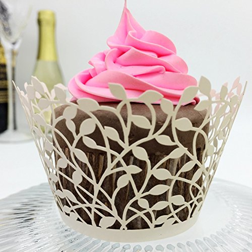 Cupcake Wrappers White Shimmering Decorative Vine Lace Liner for Weddings Party Birthday or any Special Event (Cream White) - 2
