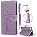 Produktbild Huawei P Smart Hülle, Filp PU Leder Case Tasche : Book Type Druck Eulen Baum Handyhülle mit Soft TPU Innere Schutzhülle in Hellviolett + Stylus Pen + Anti Dust Plug