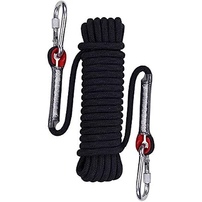 Wolike 10/20 metres de long professionnel Corde d'escalade rappel Descente en rappel Corde extérieur excursions Accessoires 12mm de diamètre 12 KN Escape haute résistance à la corde avec 2 mousquetons, Noir