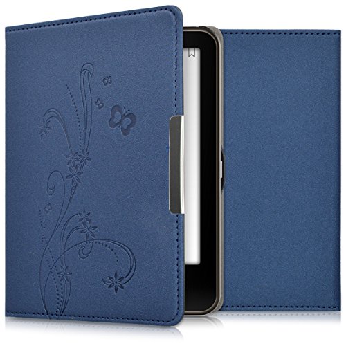 kwmobile Hülle für Tolino Vision 1 / 2 / 3 / 4 HD - Flipcover Case eReader Schutzhülle - Bookstyle Klapphülle Ranken Schmetterling Design Dunkelblau