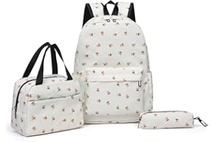 HICARRY 3PCS Floral School Bag Set, Nylon Aesthetic Large Kid Backpack, Primary Secondary Book Bag with Lunch Bag and Pencil Case for Girls