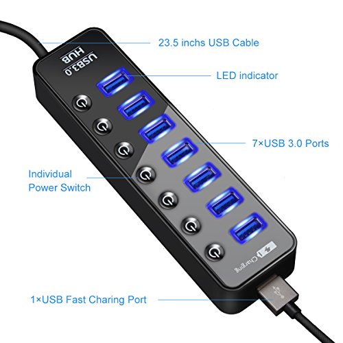 USB 3.0 Hub, ONCHOICE USB 7 Ports adapter mit Schalterknopf + 1 Port Ladeport verteiler für Apple Macbook, Macbook Pro, iMac, Notebook, Windows Laptops und Ultrabooks usw - 3