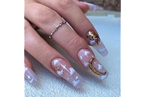 Brishow Sztuczne paznokcie do trumny, długie, sztuczne paznokcie, słońce i księżyc, baleriny akrylowe, do przyklejania na paznokcie, chmury, 24 sztuki, dla kobiet i dziewcząt