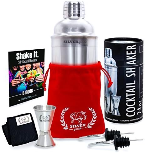 Cocktail Shaker Set - Professional Bartender Kit in a Luxury Bag, Martini Bar Mixed Build-in Strainer Jigger 2 Pourers and eBook with over 50 recipes - Barware Tools by SILVERgrade. by SILVERgrade