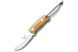 Joker Cuchillo Bushcraft Rabbit CO76, Hoja INOX MOVA de 8,5 cm, con cachas en Madera de Olivo, Funda de Cuero, Herramienta de Pesca, Caza, Camping y Senderismo