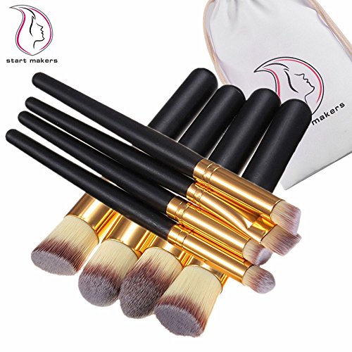 Start makers® 8 Piece Makeup Brushes - Wood Vegan Cosmetic Brushes -Professional Face & Eye Makeup Brush Set - Natural Make Up Brushes -Foundation Power Liquid Cream Makeup Tool & Start makers Pouch