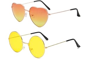 ROWJOW 2 Pairs Hipppy Glasses Retro Fancy Dress Sunglasses Heart & Round Sunglasses Cool Orange Coloured Sunglasses 60s 70s Festival Fancy Dress Costume Accessories for Women Men