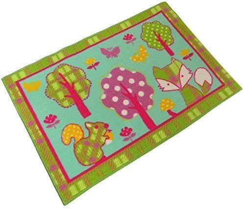 FOX SQUIRREL TREES FLOWERS BUTTERLY PINK GREEN THICK ANTI SLIP BEDROOM RUG MAT 60 X 90CM 24" X 36" 50% OFF RRP