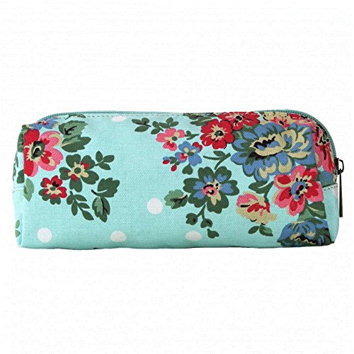Light Blue &amp; White Floral Polka Dot Spot Canvas Pencil Case Make-up Brushes