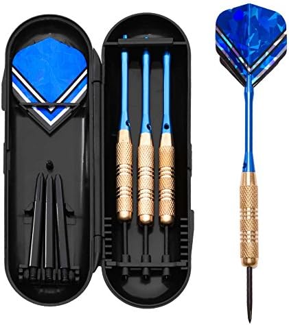 3x Darts / Dartpfeile mit Stahlspitze inkl. Transportbox &amp; 6x Dart-Flights aus PET von TripleDarts | für Steeldart | Gewicht der Darts: 18g | geeignet für Anfänger, Hobby- und ambitionierte Spieler | hochwertige Verarbeitung für eine lange Spielfreude | Barrel aus Kupfer | Aluminium-Shaft | Dart-Flight-Motiv: VictoryBlue