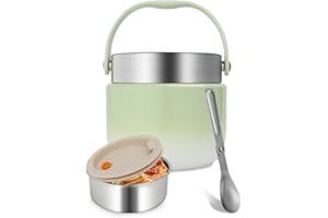 Ezvsevuo Termo Comida Caliente 1200ml, Térmico para Alimentos Acero Inoxidable, Fiambrera Térmica con Cuchara Plegable, Termo de Comida para Adultos y Niños (Verde)