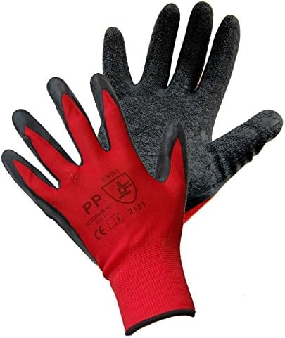 24 Pairs Natural Rubber Latex Grip Wrinkle Palm Breathable Fabric Work Gloves Red and Black All Sizes (10 - Extra Large)