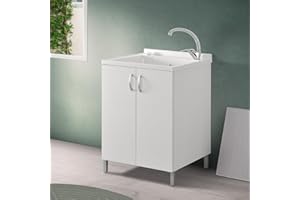 INBAGNO Mobile lavatoio lavanderia 60x60 bianco, in legno con vasca lavapanni in resina, asse strofinatoio e kit di scarico incluso