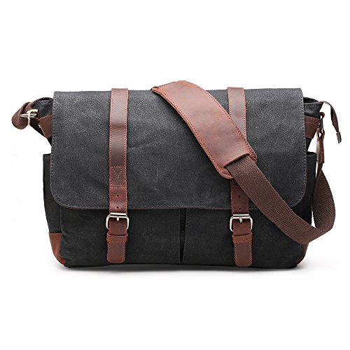Messenger Bag H-ANDYBAG Waxed Canvas Schwarz Crossbody Arbeiten Schultertasche Passt 15 Zoll Laptop