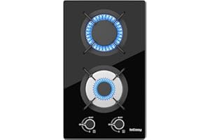 ISEASY Gas Hob 2 Burners - Glass Gas Hob Black Plug in NG/LPG Gas Hob, 44500W 2 Cooking Areas Built in Glass Cooktop Hob with Cast Iron Pan Support, Thermocouple Protection, Integrated Ignition
