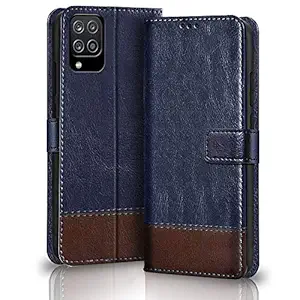 TheGiftKart Flip Case Back Cover for Samsung Galaxy M12 / F12 / A12 (Dual Color | Faux Leather | Blue & Brown)