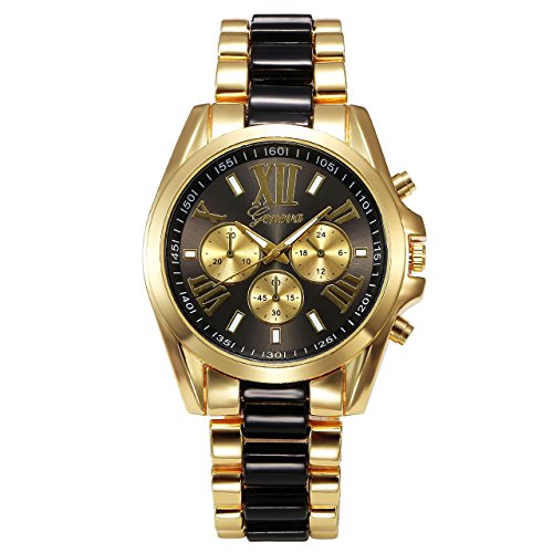 JSDDE Uhren,XL Gold Herren Chrono Business Armbanduhr Drei unecht Chronograph Designer Panzerarmband Analog Quarzuhr (Schwarz/Gold)