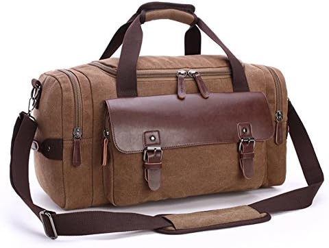 Travel Tote Bags Mupack Canvas Overnight Holdall Handbag Vintage Leather Weekender Shoulder Bag with 2 Side Zipped Pockets for Men Ladies (Coffee)