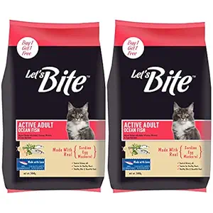 Let's Bite Active Adult Dry Cat Food, Fish, 500gm (Pack of 2)