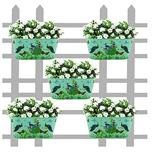 GnS- Printed Hanging Metal Pot Holders / Planters for Balcony / Garden | Corrosion Resistant with Detachable Double Hooks | Set of 5 (Peacock Print)