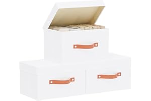 YheenLf Set de 3 Caja Almacenaje con Tapa, Plegable Cestas Organizadoras con Asas, Cajas Almacenaje Ropa para Libros, Mantas, Sábanas, Blanco, 33×23×20cm