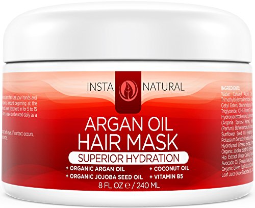 InstaNatural Argan Oil Hair Mask - Best Conditioner Treatment for Soft & Silky Hair - With Organic Argan Oil, Organic Jojoba Oil, Coconut Oil, Vitamin B5 & Green Tea - Provides Deep Moisture - 8 OZ