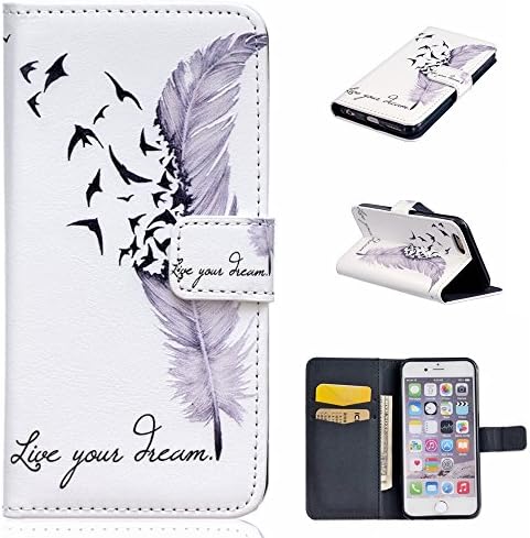 iGrelem iPhone 6/6s Case [with Free Tempered Glass Screen Protector], PU Leather Flip Cover for iPhone 6 6s 4.7 Inch, Flowers, Butterfly, Deer, Bear Feather Colorful Pattern Design (Feather, White)