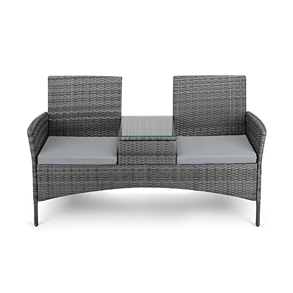 VonHaus 2 Seater Rattan Companion Chair - Wicker Conservatory Loveseat - Outdoor, Garden or Patio Double Seater Armchair with Drink Glass-topped Table and Removable Cushions - Grey - Image 3