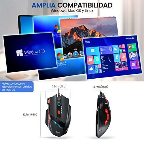 TopElek Rat  n Gaming profesional 9200 DPI  Ajuste de Peso  8 botones 13 modos de led luz para Gamer de alta precisi  n con cable 6 DPI ajustable 7 Color Ciclo de respiraci  n Win 8 7 XP Vista Mac OS