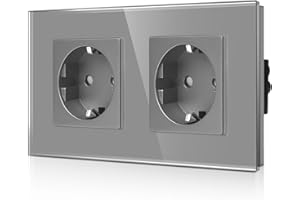 CNBINGO Podwójne gniazdko podtynkowe ze szkła w kolorze szarym – podwójne gniazdko z zestykiem ochronnym z zabezpieczeniem przed dziećmi – 16 A zestyk ochronny, gniazdko ścienne ze szklaną ramą