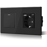 BSEED 1 Gang 2 Way Switch with USB/Type C Plug, Glass Frame, 10A Wall Switches with Phosphorescent Point, Horizontal or Verti