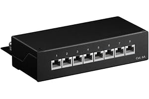 goobay 62065 CAT 6A Patch Panel 8 Port / RJ45 Buchsen Netzwerkstecker / 500 MHz LAN Patchfeld / 1 HE Verteilerfeld/Mini Desktop Patchpanel Wandmontage/Schwarz