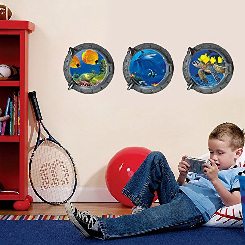 Satz von 3 3d unter das Meer Ozean tropischen Fische Shark Deich Decals herausnehmbare Wand-Sticker für Schlafzimmer Home Kunst langweilig polnischen Bullauge