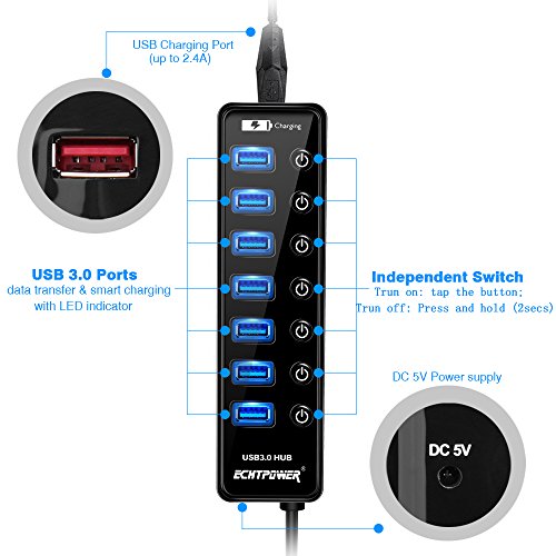 USB Hub Aktiv, ECHTPower 7 Port USB 3.0 Verteiler mit 15W Netzteil Datenhub für Apple Macbook, Macbook Pro, iMac, Notebook, Windows Laptops und Ultrabooks usw - 5