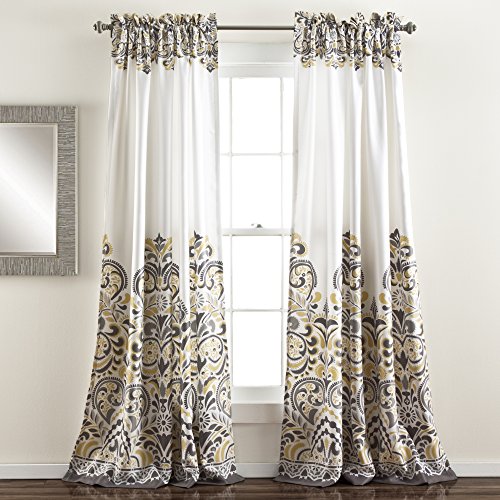 Lush Decor Clara Curtains Paisley Damask Print Bohemian Style Light Filtering Window Panel Set for Living, Dining, Bedroom (Pair), 52" W x 84" L, Gray & Yellow