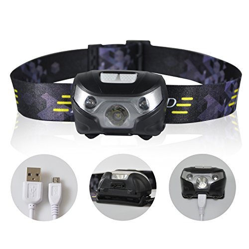 LEPOWER® USB Rechargeable LED Headlamp,5 Modes,130 Lumens - White, Red, Strobe Lights with Dimmer - Waterproof IPX4 with USB Cable Included, Hands Free LED Headlights for Camping, Fishing, Hiking, Running