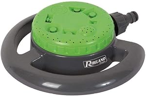 Ribimex Aspersor multifunción de jardín, 8 tipos de chorro, cobertura de hasta 90 m², entrada 3/4", presión 1-4 bar, ideal para césped, parterres y huertos – PRA/AB.1421