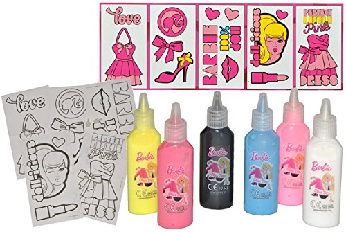 13 tlg. Set Glasmalfarbe und Vorlagen - Barbie - Bastelset Malen Malset Barbiepuppe Mädchen Zubehör Tube