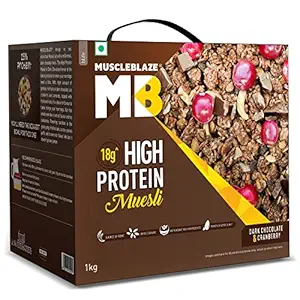 MuscleBlaze High Protein Muesli, Dark Chocolate & Cranberry, 18 g Protein, with Superseeds, Raisins & Almond, Ready to Eat Healthy Snack, 1 kg