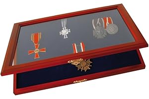 SAFE Vetrina 5873 in Legno Massiccio per Medaglie | Finitura Mogano | Coperchio in Vetro | Rivestimento in Velluto Rimovibile | 375 x 260 x 30 mm | Montaggio a Parete