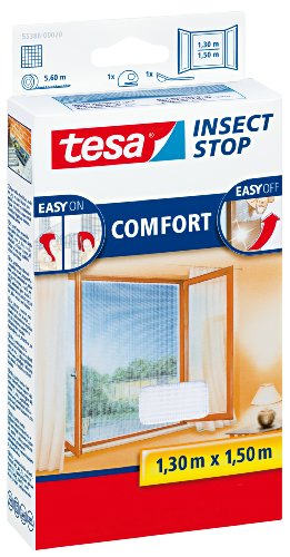tesa Insect Stop COMFORT Fliegengitter für Fenster / Insektenschutz mit selbstklebendem Klettband in Weiß / 130 cm x 150 cm