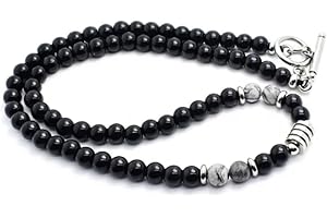 Textiles 4 Home Men’s Black Onyx Beaded Necklace T-Bar Chain Natural Chakra Crystal Jewellery Surfer Necklace Tigers Eye, Grey Jasper Gift Boxed