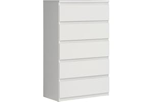 ‎FORTE FORTE Chelsea Hohe Kommode 77 mit 5 Schubladen, Weiß, 77,2 cm breit x 128,1 cm hoch x 42,2 cm tief