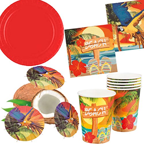 Party Set XL Hawaii Beach Ara 30 Teile : Teller, Becher, Servietten, Cocktail-Schirmchen