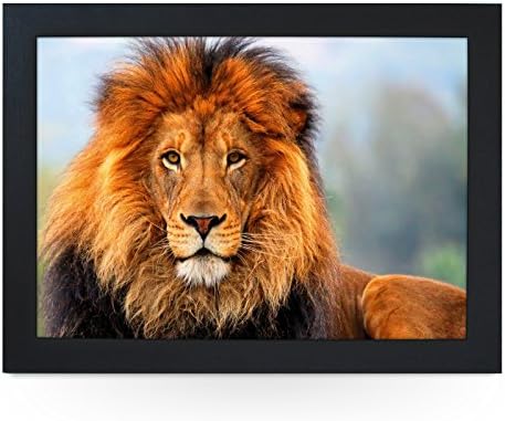 Portable Lap Desk Tray (Majestic Lion) Handmade Wooden Frame, Beanbag Cushioned Bottom | Computers, Laptops, Meals, Food | L0051 Black