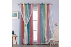 XiDi Tende Cameretta Bambini 132×183cm per la Camera dei Bambini Adulti Tende Ombre con Decorazione Della Porta in Vetro Trasparente Stelle Ritagliate Tende ad Anello Pink YellowBlue/132/183/2 IT