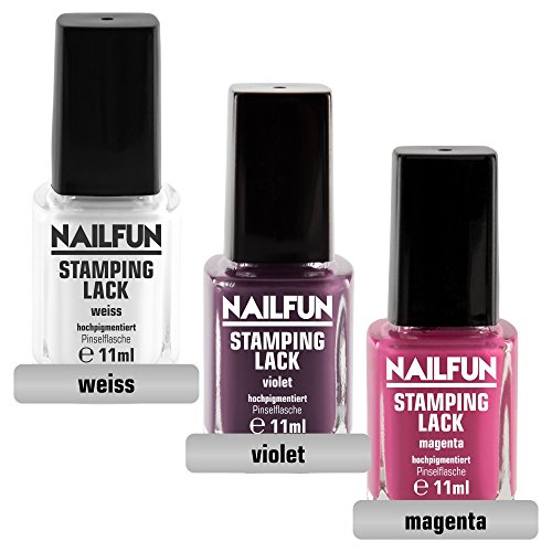 Stamping Set SHOPPING DREAM – Clear Jelly Stamper transparent + Scrapper + Stampinglack Weiss 11ml + Stamping-Lack Violet 11ml + Stamping Lack Magenta 11ml + KONAD Stamping Schablone M15 + KONAD Stampingschablone M16 - 5