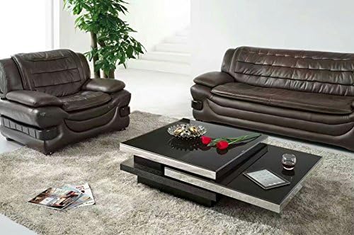 Modern 3 Layer Black Gloss Finish Tempered Glass Center Cocktail Coffee Table with Silver Chrome edges Open &amp; Close Rotating Adjustable Square Living Room Contemporary Furniture