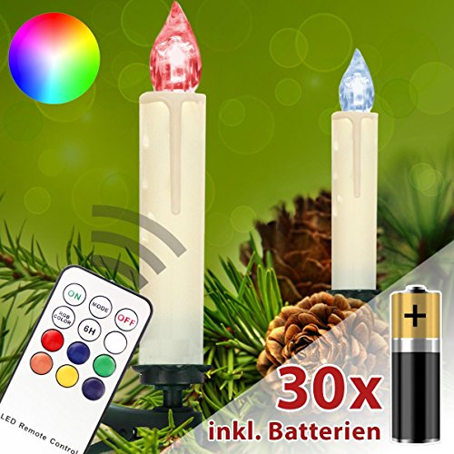 Preisvergleich Produktbild Homelux 30 RGB LED Weihnachtskerzen Christbaumbeleuchtung Fernbedienung Timer Kabellos mit Batterien - 10 / 20 / 30 / 40er Set - DEUTSCHER HÄNDLER
